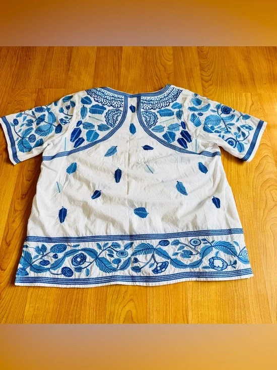 Gretchen Scott Women’s Blue Floral Pattern Embroidered Tunic Short Sleeve SizeXL - Picture 4 of 9